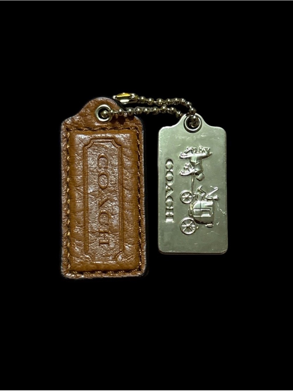 COACH Leather and Metal Logo Key Tag - Brown & Gold